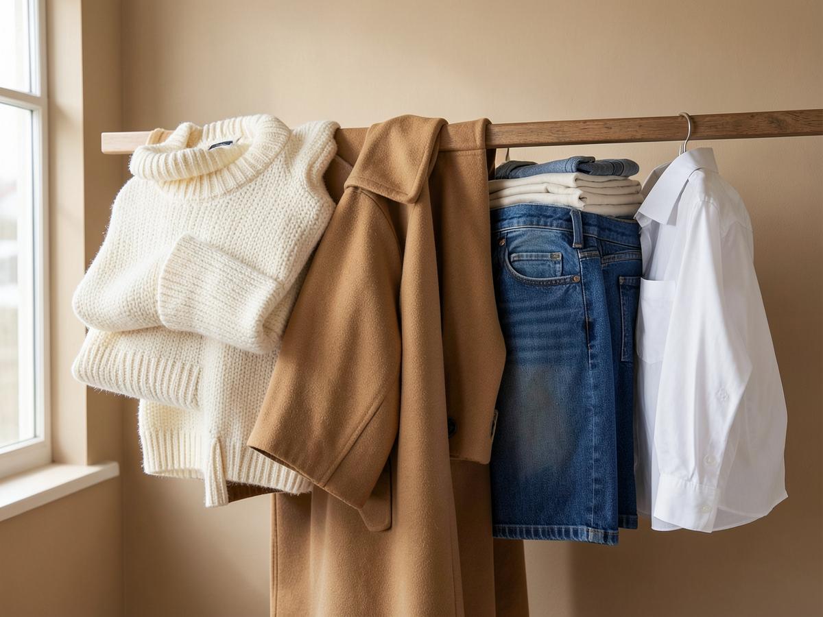 Trendy Apparel pieces styled together — knitwear, tailoring and denim in warm tones